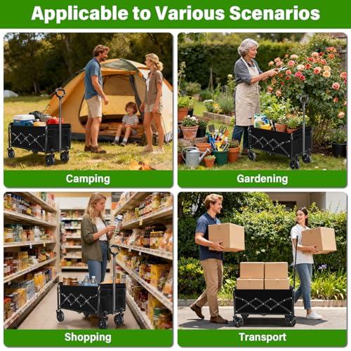 Collapsible Wagon Cart, Folding Cart with 360LBS Capacity, Black - color: Black