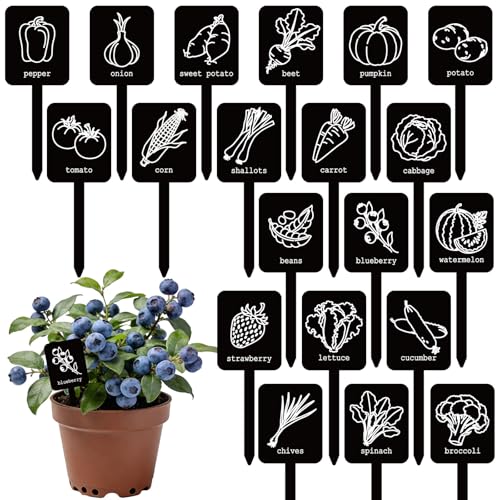 Whaline 20Pcs Acrylic Vegetable Plant Label Signs 20 Styles Garden Markers Waterproof Black Plant Stake Tags with Names for Nursery Indoor Outdoor Garden Decor