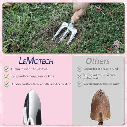 LeMotech Garden Tools Set, 10-Piece Heavy Duty Garden Hand Tools Kit with Wooden Handle, Durable Organizer Bag for Garden Supplies, Gardening Gifts for Women Grandmother, Pink Floral Pattern - style: Pink Floral Garden Bag