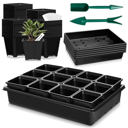 mwellewm 5 Pcs Seed Starter Tray, 3.5 Inch (9CM) 60 Pcs Nursery Pots Kit, Thickened Seed Starting Trays Square Seedling Pots for Plants Sturdy Microgreens Growing Trays Reusable Germination Tray - size: 3.5'' Pots-60pcs + 15.2" x 11" x 2.6" Trays-5Pcs