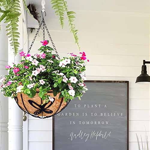 Metal Hanging Planter Flower Basket with Coco Liner for Plants Outdoor Garden Decoration Porch Decor Watering Pot Indoor - Butterfly Pattern, 12 Inch, 2 Pack