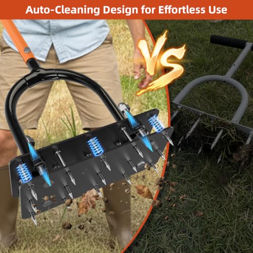 GAINO Lawn Aerator Tool, 15-Spike Aerator, Self-Cleaning, Black & Orange