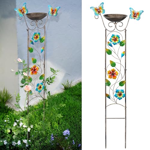 SUNNYPARK 43.5 Inch Metal Bird Bath Bowl with Garden Trellis Outdoor - size: Floral-Butterfly