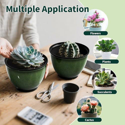 8Inch Plastic Plant Pots,4Pack Glazed Flower Pots for Indoor Outdoor Plants - color: Green