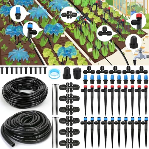 Drip Irrigation Kit, Flantor 190FT Greenhouse Drip Irrigation System Adjustable Garden Watering System with 1/2" & 1/4" Irrigation Tubing, Patio Misting Plant Watering System for Garden and Lawn - size: 190ft