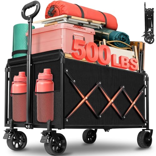 Collapsible Wagon Cart Foldable - Extra Large 500 lbs Capacity Portable Folding Beach Wagon with Wheels - 34'' Extra Long Heavy Duty Utility Cart for Groceries, Shopping, Camping, Sports - Black - color: Black-500lb