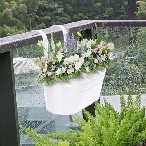 HowRU Metal Iron Flower Pots for Railing Fence Hanging Bucket Pots(5 Pcs) and Hanging Flower Pots Metal Iron Bucket Planter(10 Pcs) (White) - color: White