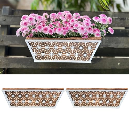 LaLaGreen Window Boxes Planter (2 Pack, 16 Inch) White Metal Rectangular Wall Planters with Coco Liner, Horse Trough Deck Railing for Outdoor Plants Holder, Modern Rail, Balcony, Fence, Porch Patio - size: 16" (41cm) x 2 pack