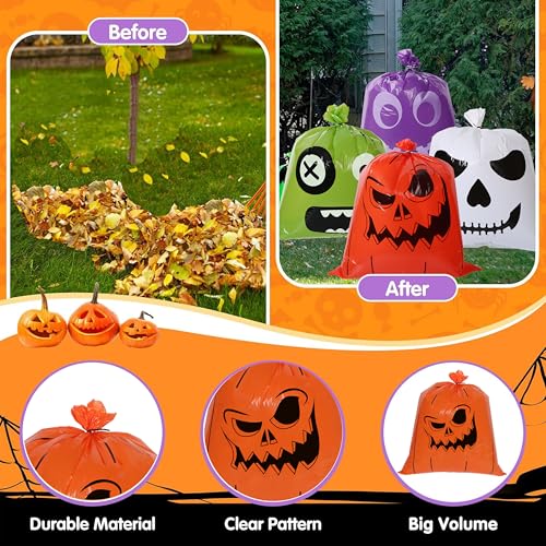 L7HWDP 4 Pcs Halloween Pumpkin Leaf Bags with Twist Ties, Fall Yard Leaf Trash Bags Halloween Goodie Bags Outdoor Party Favors Decorations