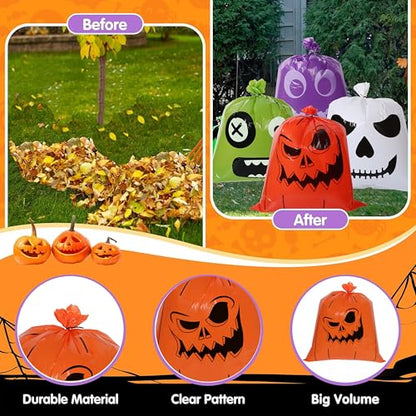 L7HWDP 4 Pcs Halloween Pumpkin Leaf Bags with Twist Ties, Fall Yard Leaf Trash Bags Halloween Goodie Bags Outdoor Party Favors Decorations