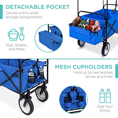 Best Choice Products Collapsible Folding Outdoor Utility Wagon with Canopy Garden Cart for Beach, Picnic, Camping, Tailgates w/Removable Canopy, Detachable Pockets, 150lb Weight Capacity - Blue - color: Blue