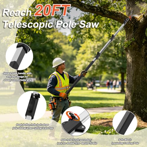 20FT Reach Manual Pole Saw, 2-in-1 Pole Pruner for Tree Trimming, 4-Section 5-12FT Retractable Square Pole, Labor-Saving Pulley & Hardened Steel Blade for Fruit, Palm, High Orchard Branches