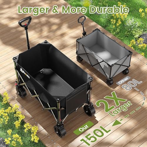 Blomoba Collapsible Wagon Cart, 150L Foldable Wagon with Wide Wheels, Black - color: Black, size: Large Without Tailgate