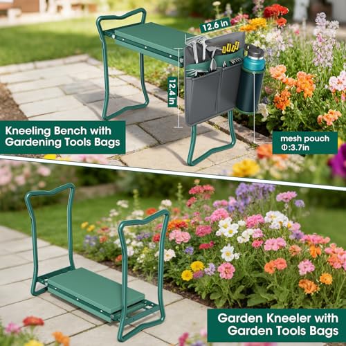 OAOA innovation 2-in-1 Garden Kneeler with Umbrella, Kneeling Bench & Grey Umbrella, Portable Stool 330lb Capacity, Garden Tools Bag with Bottle Holder, Gardening Gift for Men Women Seniors - color: Grey