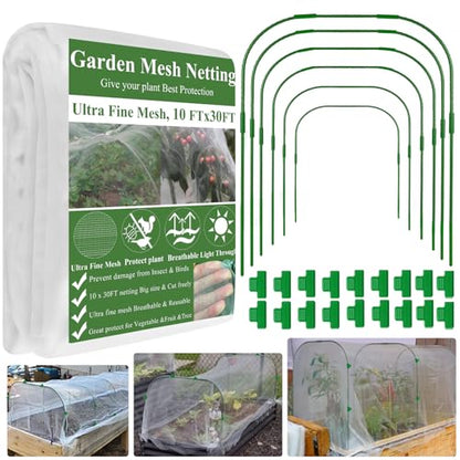 Garden Mesh Netting Kit, 10 * 30FT Ultra Fine Netting Plant Covers with 6 Pcs Wide Garden Hoops & 18 Clip, Garden Netting Kit for Raised Beds Plants Greenhouse Row Cover Barrier Protection Net - size: 10x30FT+ Wide Hoops