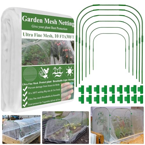 Garden Mesh Netting Kit, 10 * 30FT Ultra Fine Netting Plant Covers with 6 Pcs Wide Garden Hoops & 18 Clip, Garden Netting Kit for Raised Beds Plants Greenhouse Row Cover Barrier Protection Net - size: 10x30FT+ Wide Hoops