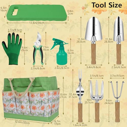 LeMotech Gardening Tools, 10-Piece Heavy Duty Garden Hand Tools Set with Wooden Handle, Durable Fashion Organizer Bag for Garden Supplies, Gardening Gifts for Women Grandmother, Yellow Floral Pattern - style: Yellow Floral Garden Bag