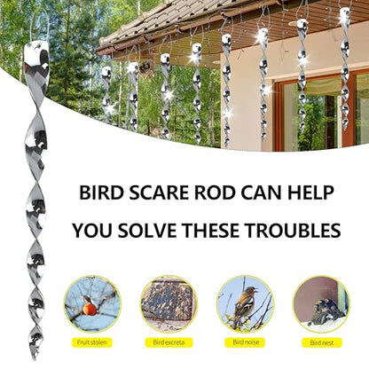 Bird Scare Rods Silver Hanging Plastic Bird Deterrent Device, Wind Driven Rotation Reflective Scare Rods to Keep Birds Away from House Windows Outdoor Garden Yard 12Pcs - color: Silver