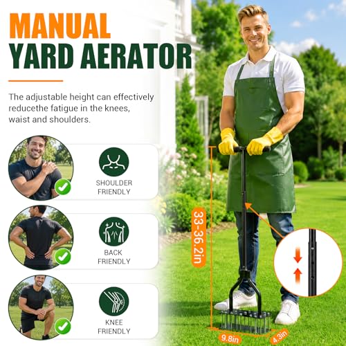 Lawn Aerator Tools, 3 Height Manual Yard Aerator with Self-Cleaning Design