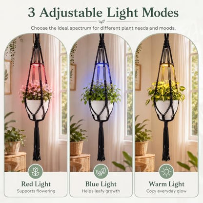 Huquary 3 Pack Macrame Hanging Plant Hanger with Grow Light,Black - color: Black