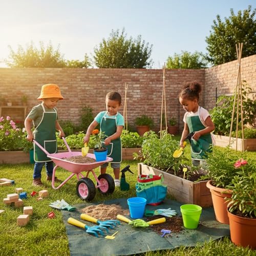 Pink Wheelbarrow for Girl Metal Wheelbarrow Set with 12 PCS Tool(Pink Set) - color: Pink Set