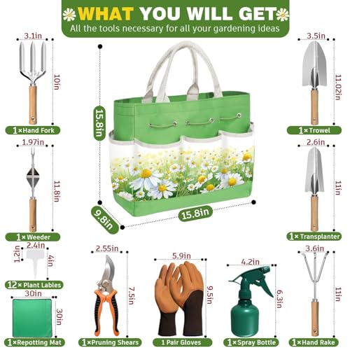 22Pcs Garden Tools Set for Women,Heavy Duty Hand Tool Kit,Birthday Gifts for Mom Wife Grandma Beginner,Gardening Essentials with Large Tote Bag/Repotting Mat/Trowel/Rake/Pruner/Gloves/Plant Tags-Green - color: Green