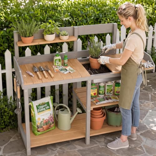Wooden Potting Bench Table with Sink,Outdoor Garden Table Work Bench with Shelf, Workstation for Outside Lawn Patio - size: 17"x41"x43.5" w/Shelf