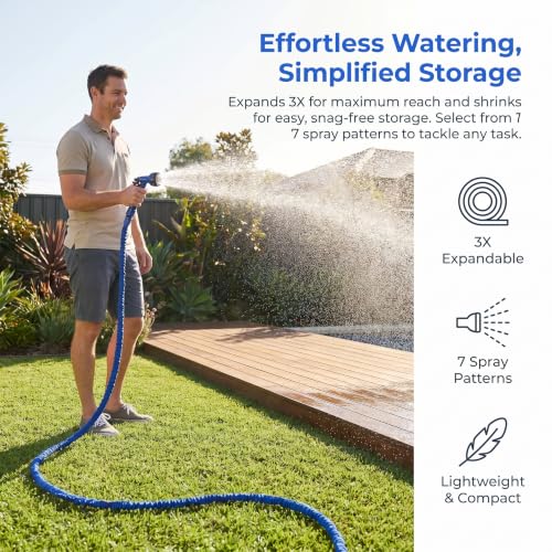 1PCS 50FT Garden Hose, Water Hose Retractable Garden Hose 1/2 and 3/4 Inch Connectors for Gardening Tools Essentials (Blue)