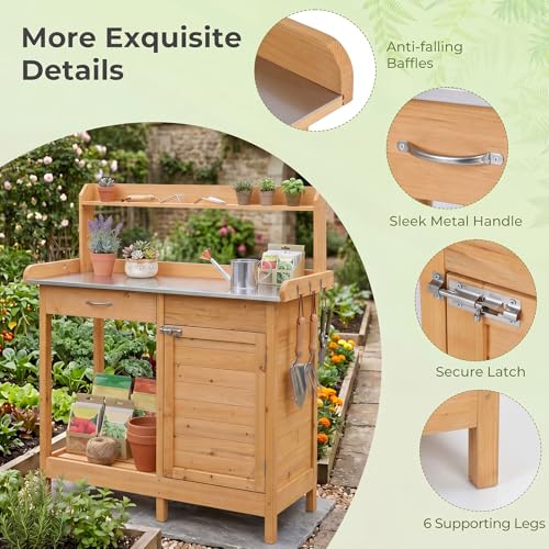 S AFSTAR Outdoor Potting Bench Table, Wooden Garden Work Station with Drawer, Storage Cabinet, Open Shelf, Side Hooks, Metal Tabletop Gardening Workbench, Potting Benches for Outside Backyard Balcony