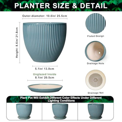 10 Inch Plant Pot, Ceramic Flower Pots with Saucer, Glaze Blue - color: Glaze Blue, size: 10 Inch
