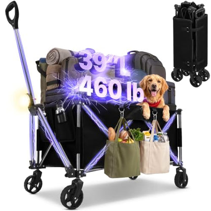 39" L Collapsible Wagon with All-Terrain Wheels, 460 lbs Foldable Cart with Detachable Flashlight, Pockets & Flexible Steering Handle, Black Utility Heavy Duty Folding Beach Wagons Carts - color: Black