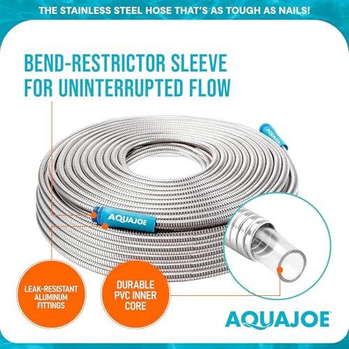 Aqua Joe AJSGH100 1/2-Inch Heavy-Duty, Puncture Proof Kink-Free, Spiral Constructed 304-Stainless Steel Metal, Garden Hose, 100-Foot - style: Aluminum Fitting