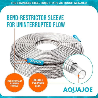 Aqua Joe AJSGH100 1/2-Inch Heavy-Duty, Puncture Proof Kink-Free, Spiral Constructed 304-Stainless Steel Metal, Garden Hose, 100-Foot - style: Aluminum Fitting