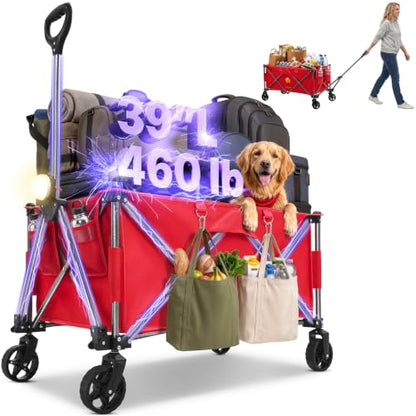 39" L Collapsible Wagon with All-Terrain Wheels, 460 lbs Foldable Cart with Detachable Flashlight, Pockets & Flexible Steering Handle, Red Utility Heavy Duty Folding Beach Wagons Carts - color: Red
