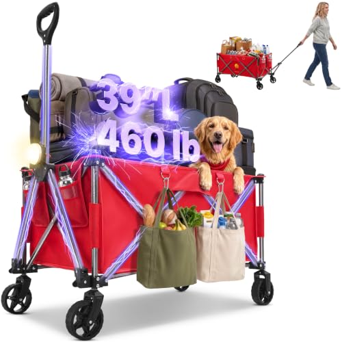 39" L Collapsible Wagon with All-Terrain Wheels, 460 lbs Foldable Cart with Detachable Flashlight, Pockets & Flexible Steering Handle, Red Utility Heavy Duty Folding Beach Wagons Carts - color: Red