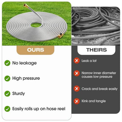 50FT Stainless Steel Metal Garden Hose - Lightweight, Kink-Free & Tangle-Free, Flexible with Brass Fittings, On/Off Valve, Pet Proof, Puncture Proof for Yard, RV, Car Washing (Silver) - color: Silver, size: 50 FT