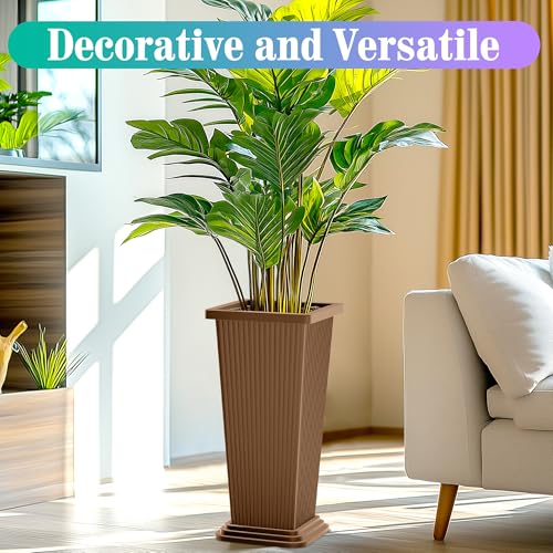 TUYOHW 24 Inch Tall Tapered Square Planters (Set of 2) - Indoor Outdoor Large Flower Pots with Built-in Drainage & Matching Water Tray for Patio, Garden, Home - Brown - color: Brown-ribbed