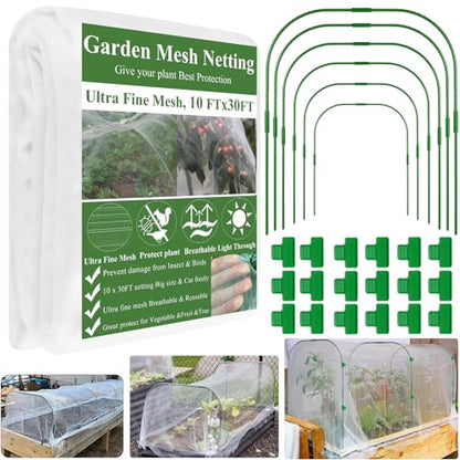 Garden Mesh Netting Kit, Plant Covers 10x30Ft Ultra Fine Mesh Netting & 6Pcs Garden Hoops &18 Clip, Garden Netting Kit for Raised Beds Plants Pest Barrier Greenhouse Row Cover Animal Protection Net - size: 10x30FT+ Tall Hoops