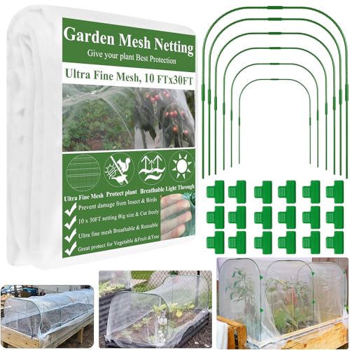 Garden Mesh Netting Kit, Plant Covers 10x30Ft Ultra Fine Mesh Netting & 6Pcs Garden Hoops &18 Clip, Garden Netting Kit for Raised Beds Plants Pest Barrier Greenhouse Row Cover Animal Protection Net - size: 10x30FT+ Tall Hoops