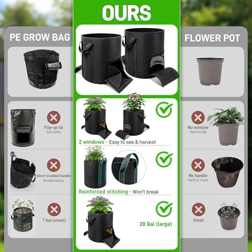 Mulctun 3Pcs 20 Gallon Potato Grow Bags, Grow Bags with Harvest & Visible Windows,Potato Bags for Growing Potatoes with Sturdy Handles,Potato Growing Containers for Growing Potatoes Vegetables - size: 3 Pcs