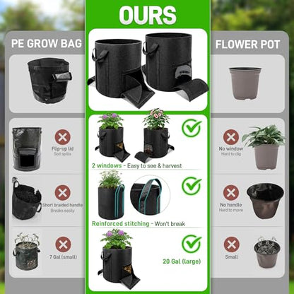 Mulctun 3Pcs 20 Gallon Potato Grow Bags, Grow Bags with Harvest & Visible Windows,Potato Bags for Growing Potatoes with Sturdy Handles,Potato Growing Containers for Growing Potatoes Vegetables - size: 3 Pcs