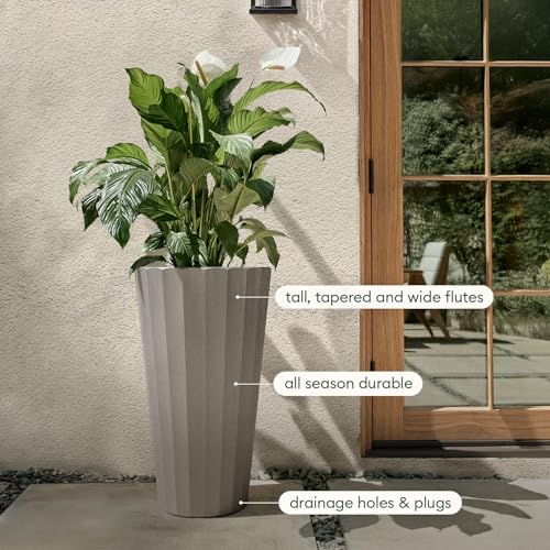 Veradek Column Series Tall Planter - Tapered Outdoor Planter with Shelf - color: Gray, style: Wide Groove - 2 Pack