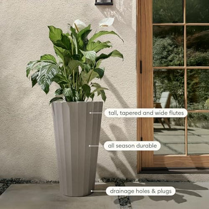 Veradek Column Series Tall Planter - Tapered Outdoor Planter with Shelf - color: Gray, style: Wide Groove