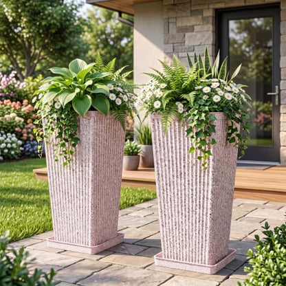 Square Tall Planters for Outdoor Plants with Tray - Stone Finishes - color: White Red Speckled-stone Finishes