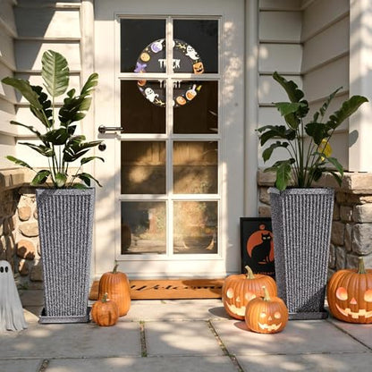 Square Tall Planters for Outdoor Plants with Tray - 24" Gray 2Pack - color: Grey-sandblasting