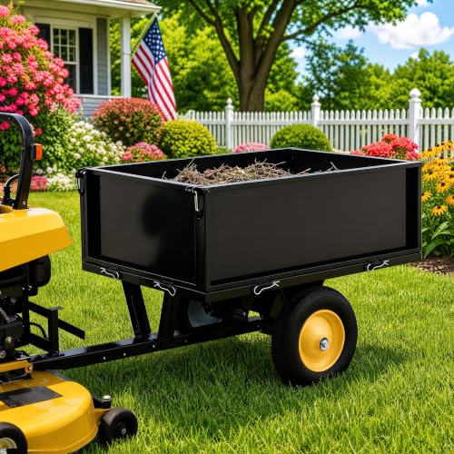 Garvee Heavy Duty Tow Behind ATV Trailer Steel Dump Cart 500 LB, 10-Cubic Feet Capacity Garden Utility Trailer with Removable Tailgate for Riding Lawn Mower Tractor - size: 500 LBS