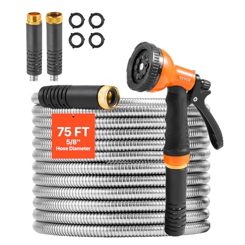 VEVOR Garden Hose Metal 75 ft, Rust Proof Stainless Steel Water Hose, Heavy Duty Backyard Hose with 10 Function Nozzle, No-Kink & Flexible Water Pipe, Lightweight Metal Hose for Yard, Outdoor - size: 75 ft with 10 Function Spray Nozzle