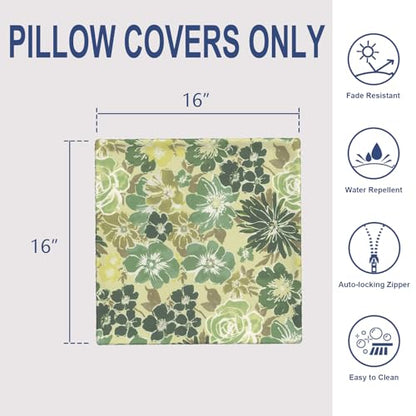 Outdoor 16x16 Inch Throw Pillow Covers Set of 2, Covers ONLY, All Weather Square Pillow Cases, Patio Cushion Pillow of Home Furniture Use, Green Rose - color: Green Rose, size: 16" x 16" (Pack of 2)