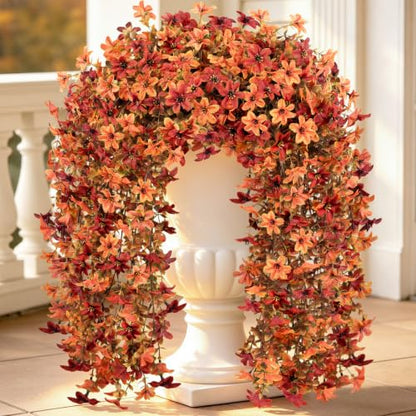 6 Pcs Artificial Hanging Mums for Outdoors, UV Resistant Fake Fall Flowers - color: Red Orange With Fall Leaves