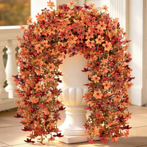 6 Pcs Artificial Hanging Mums for Outdoors, UV Resistant Fake Fall Flowers - color: Red Orange With Fall Leaves